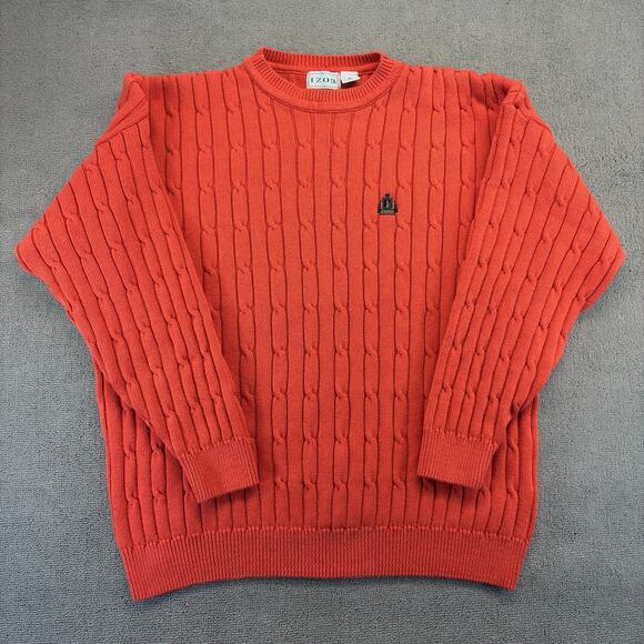 Vintage IZOD Sweater Men XL Orange Cotton Heavy Cable Knit Made In The USA Crest - Picture 1 of 7